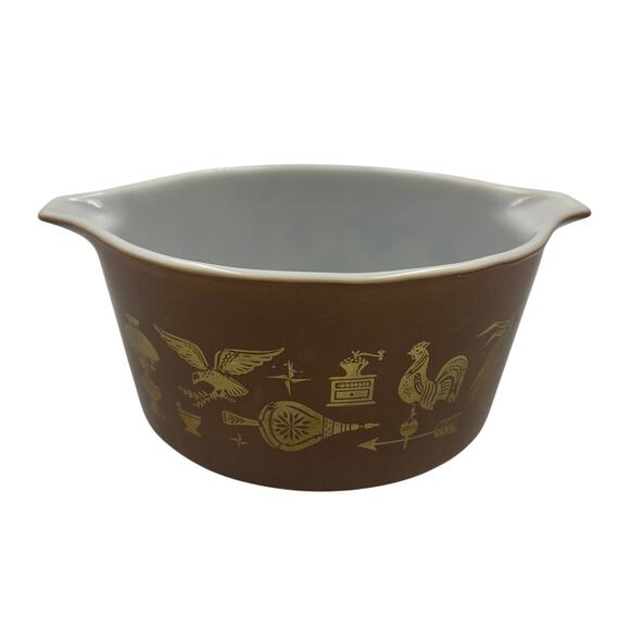 Vintage Pyrex Ceramic Bowl Early Americana 1 Qt 473 Rooster Eagle USA Made - Picture 1 of 9